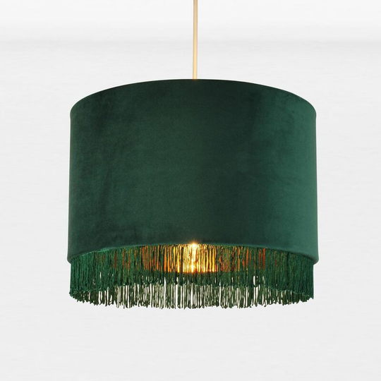 Spruce Green Velvet With Gold Inner Tassled Light Shade - Spruce green velvet with gold inner detail