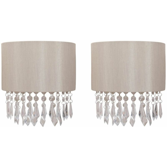 First Choice Lighting - Set of 2 Jewelled Pale Gold Fabric Wall Lights With Clear Beaded Crystal Style Strings - Pale gold faux silk with clear