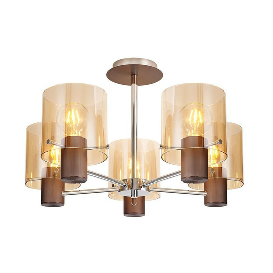 Luminosa Semi Ceiling Light, 5 x E27, Mocha, Amber Glass