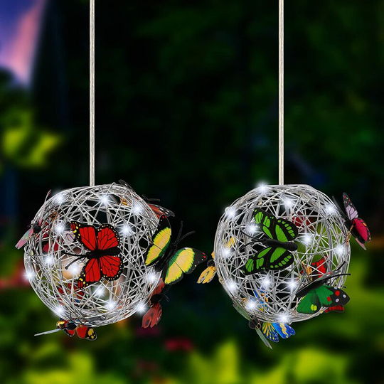 Aougo - Butterfly Solar Lights Outdoor Garden 2 Pieces Solar Hanging Lights Butterfly Metal Ball Lamp Garden Waterproof led Solar Lantern Decorative