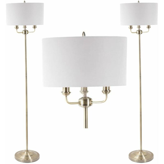 First Choice Lighting - Pair of 3 Light Antique Brass Floor Standard Light with Grey Fabric Shade - Antique brass plate and grey cotton