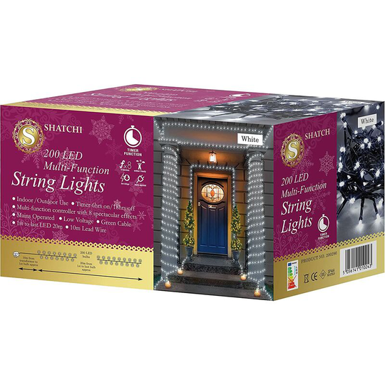 Shatchi - 200 Cool White LEDs Multifunction Timer Outdoor String Fairy Lights 20M - White