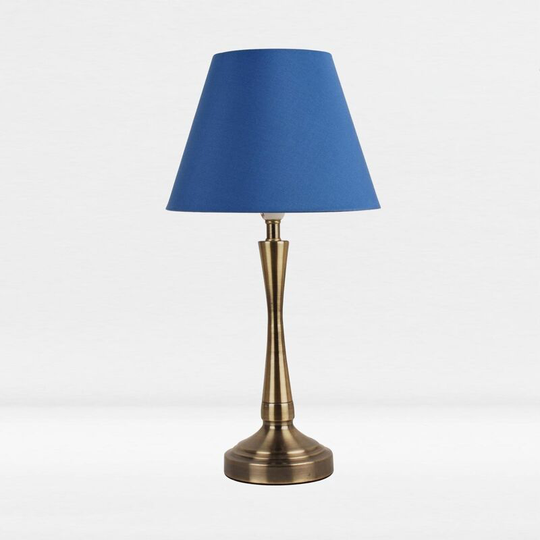 First Choice Lighting - Antique Brass Plated Bedside Table Light with Curved Column Blue Fabric Shade - Antique brass plate and textured blue cotton