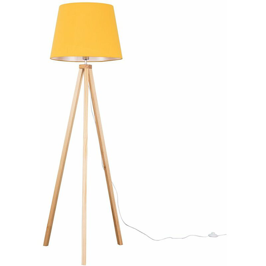 Floor Lamp Modern Wooden Tripod Light in Light Wood with Tapered Shade - Mustard + led Bulb
