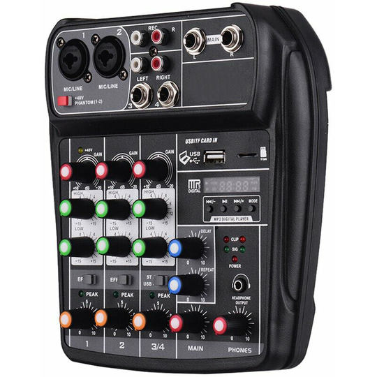 AI-4 Compact Mixing Console 4 Channel Digital Audio Mixer bt MP3 usb Input + 48V Phantom Power for Music Recording Network dj Live Stream Karaoke