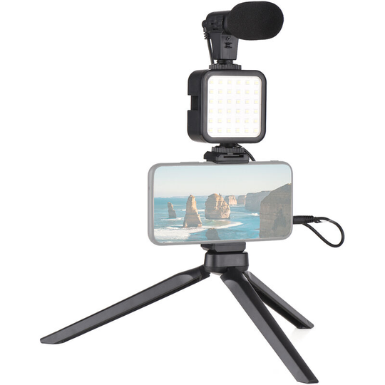 Vlog Shooting Kit Mini led Video Light + Super Cardioid Condenser Microphone + Extendable Phone Clip + Tripod with 3 Levels of Adjustable Brightness