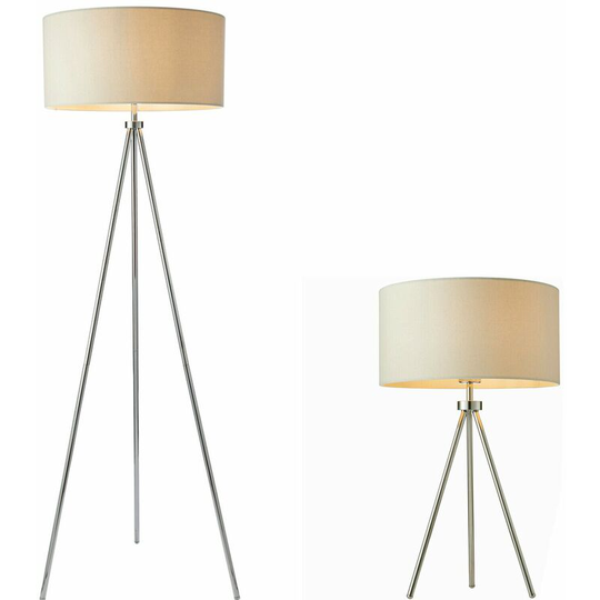Standing Floor & Table Lamp Set Chrome Plate Ivory Shade Sleek Tripod Leg Light