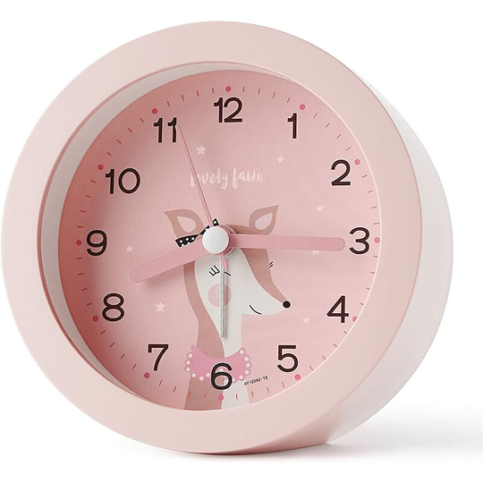 Aougo - Non-Ticking Alarm Clock for Kids, Kids Alarm Clock with Night Light, Bedroom, Bedside, Cute Drawing, Battery Powered (Pink)