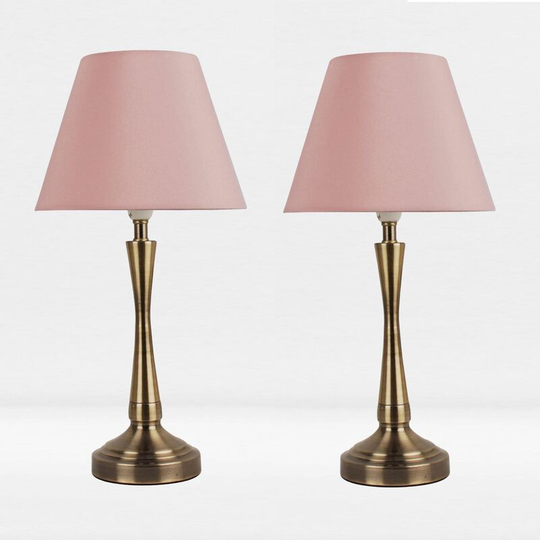 First Choice Lighting - Set of 2 Antique Brass Plated Bedside Table Light with Curved Column Blush Pink Fabric Shade - Antique brass plate and