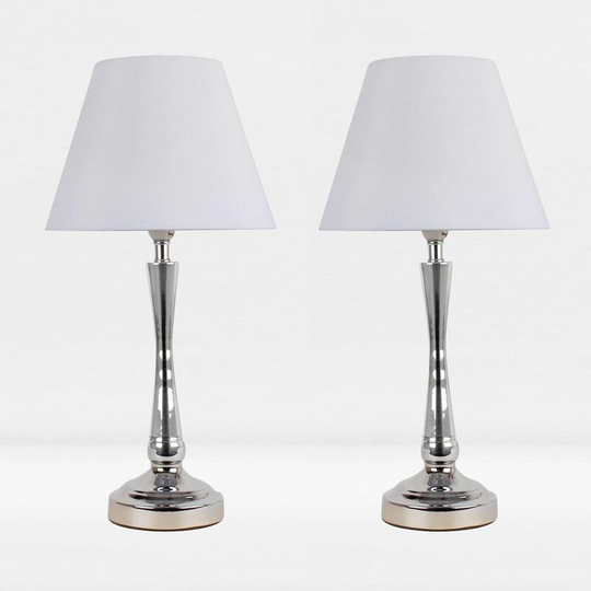 First Choice Lighting - Set of 2 Chrome Plate Bedside Table Light with Detailed Column and White Fabric Shade - Polished chrome plate and textured