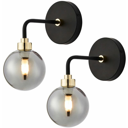 Set of 2 Matt Black and Smoked Glass Wall Lights - Matt black with polished brass plate detail and smoked glass