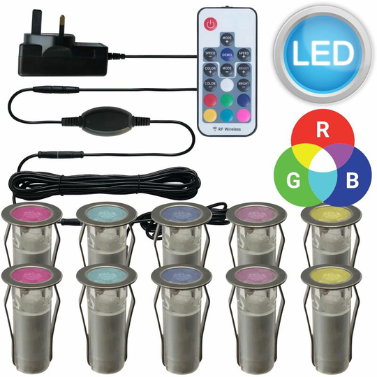 First Choice Lighting - Set of 10 - 15mm Stainless Steel IP67 rgb Colour Changing led Plinth Decking Kit - Polished stainless steel and clear pc