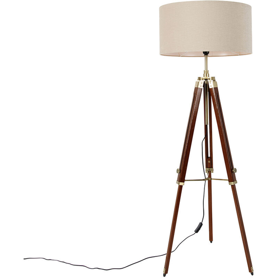 Qazqa - Vloerlamp messing met kap lichtbruin 50 cm tripod - Cortin - Brown