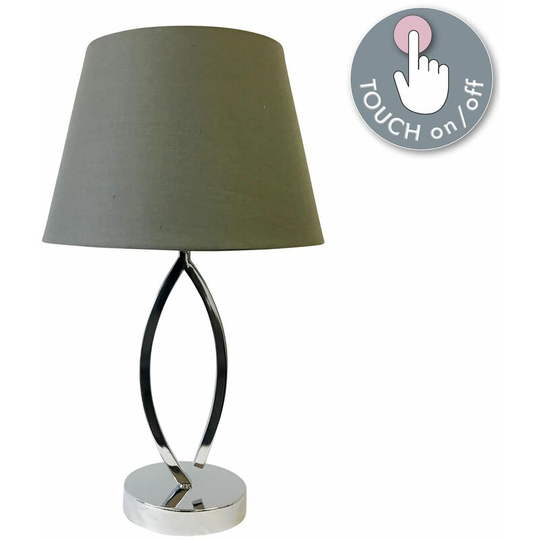 First Choice Lighting - Chrome Plated Table Touch Light with Grey Cotton Fabric Shade - Polished chrome plate and grey cotton