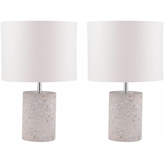 First Choice Lighting - Pair of Cylinder Grey Terrazzo Table Lamps with White Fabric Shades - Matt grey terrazzo with white flecks with polished
