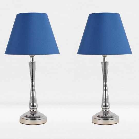 First Choice Lighting - Set of 2 Chrome Plated Bedside Table Light with Curved Column Blue Fabric Shade - Polished chrome plate and textured blue