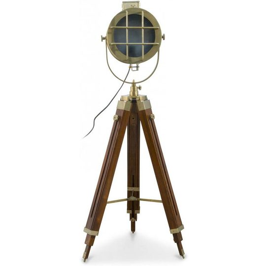 Vintage Nautical Tripod projector Floor lamp design - Stainless steel and Wood - Brown varnish - Adjustable height Brown Aluminium, Brass, Stainless