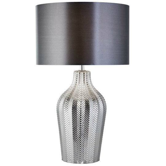 Searchlight Chevron 1 Light Table Lamp With Grey Drum Shade And Smoked Ribbed Glass Base