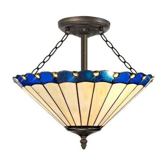 3 Light Semi Flush Ceiling E27 With 40cm Tiffany Shade, Blue, Crystal, Aged Antique Brass - Luminosa Lighting