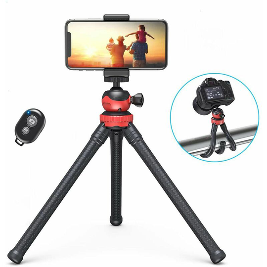 Camera Tripod, Flexible Smartphone Tripod with Mobile Phone Holder, for Camera, iPhone, Gopro with Phone Adapter and Gopro and Bluetooth Remote