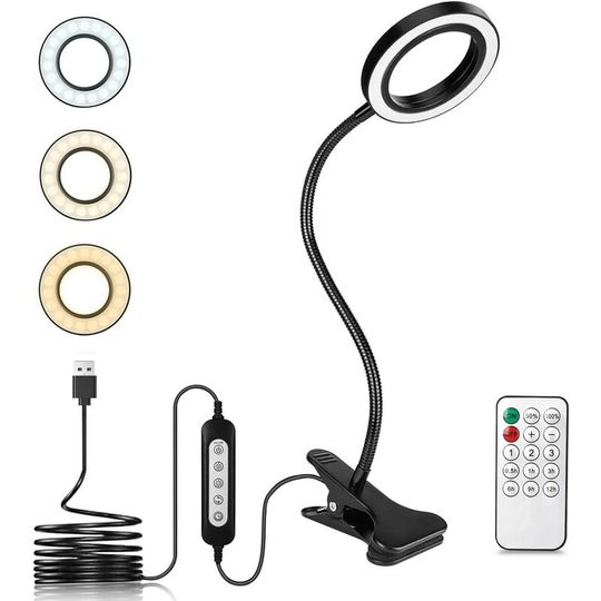 Clip-on Desk Lamp, 8W Adjustable Clamp Adjustable USB Reading Lamp with 3 Color Modes and 10 Brightness Levels, Flexible Eye Light with Remote