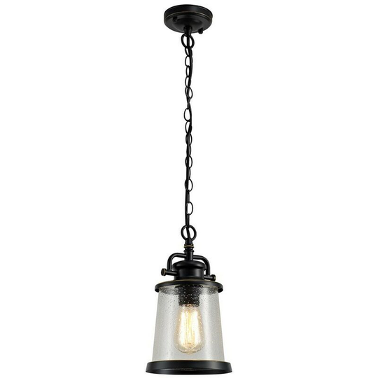 Ceiling Pendant Lantern, 1 x E27, Black, Gold With Seeded Clear Glass, IP54 - Luminosa Lighting