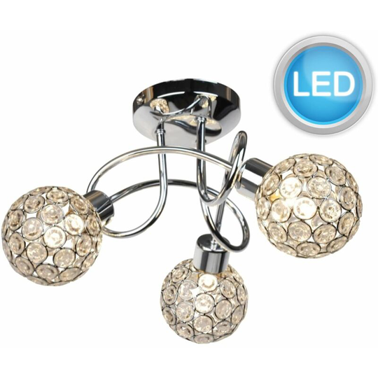 First Choice Lighting - Chrome 3 Light Ceiling Fitting with Jewelled Shades with led Bulbs - Polished chrome plate and clear beaded glass