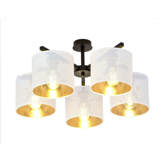 Emibig Jordan Black Multi Arm Semi Flush Ceiling light with White, Gold Fabric Shades, 5x E27