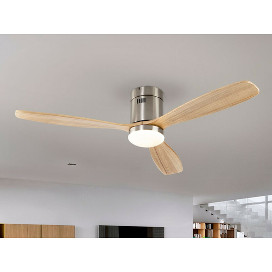 Schuller Siroco 6 Speed Ultra Quiet Ceiling Fan Satin Nickel, Wood Blades with LED Light, Remote Control, Timer & Reversible Functions
