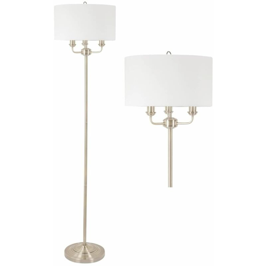 3 Light Antique Brass Floor Standard Light with Light Cream Fabric Shade - Antique brass plate and cream cotton