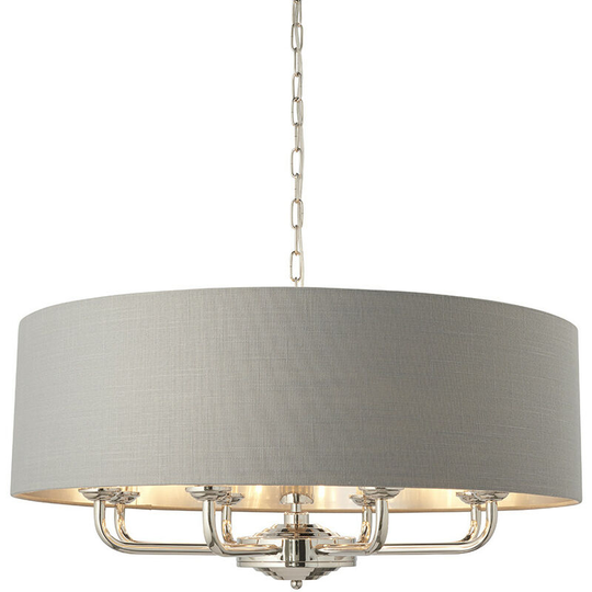 Single Shade Pendant Light Bright Nickel Plate, Charcoal Fabric