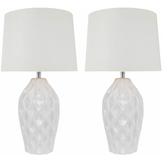 First Choice Lighting - Set of 2 Textured White Gloss Glaze Ceramic Bedside Table Light with White Textured Cotton Fabric Shade - White glaze with