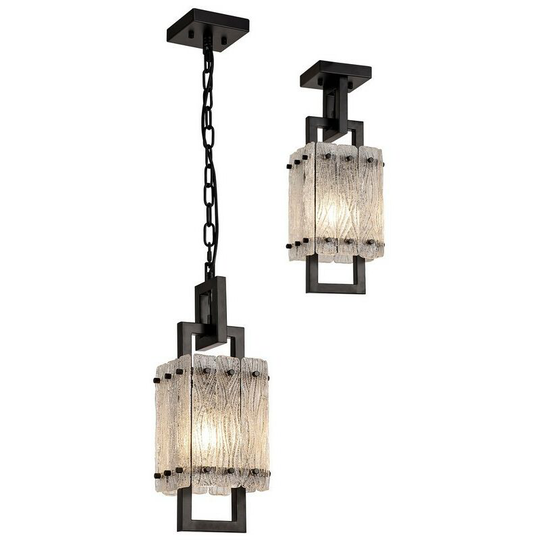 Luminosa Lighting - Small Square Ceiling Pendant, 1 Light E27, Matt Black, Crystal Sand Glass