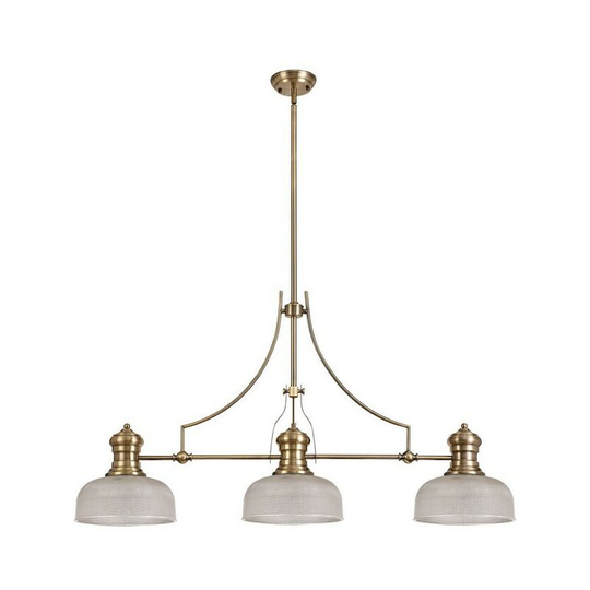 Luminosa Lighting - 3 Light Telescopic Ceiling Pendant E27 With 26.5cm Prismatic Glass Shade, Antique Brass, Clear