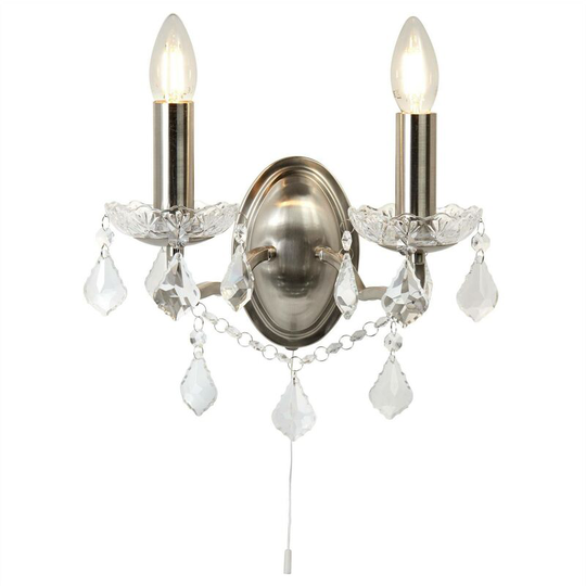 Searchlight Paris - 2 Light Indoor Candle Wall Light Satin Silver, Clear with Crystal Glass, E14