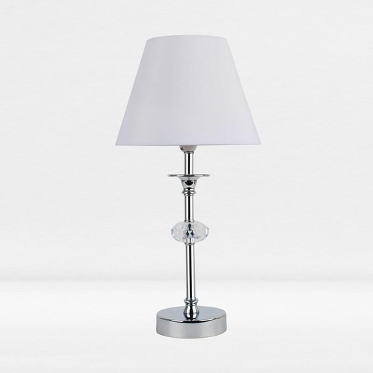 Chrome Plated Stacked Bedside Table Light with Faceted Acrylic Detailing and White Fabric Shade - Polished chrome plate with clear acrylic detail and