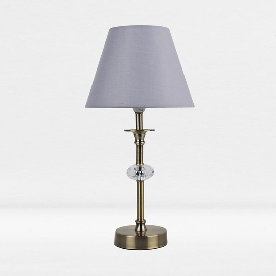 First Choice Lighting - Antique Brass Plated Stacked Bedside Table Light Faceted Detail Grey Fabric Shade - Antique brass plate with clear acrylic