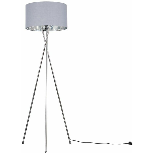 Floor Lamp Tripod Camden Light in Chrome with Cylinder Lampshade - Grey & Chrome