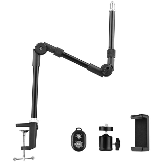 Andoer ST-01 Flexible Foldable Desk Mount Stand Metal Bracket 1/4 Inch Screw 3kg Load Capacity with Flexible Ballhead Desk Clamp Phone Holder Remote
