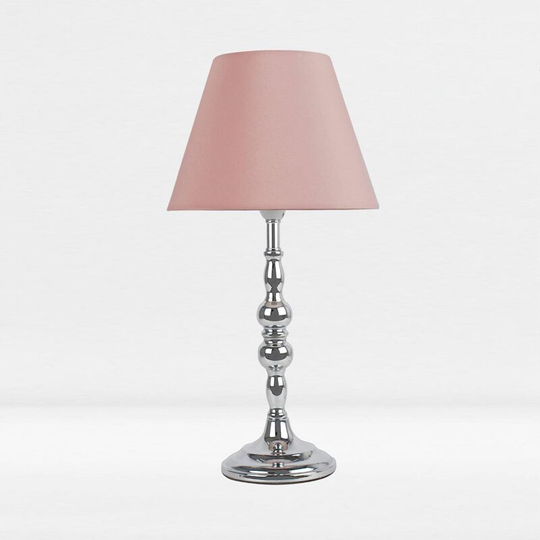 First Choice Lighting - Chrome Plated Bedside Table Light with Detailed Column Blush Pink Fabric Shade - Polished chrome plate and textured blush