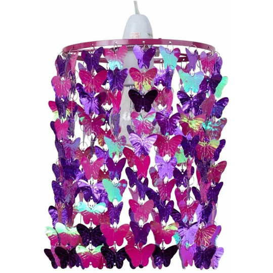 First Choice Lighting - Fuchsia Butterfly Easy Fit Light Shade - Metallic fuchsia acrylic butterflies with pink detail