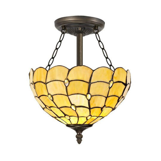 Luminosa Lighting - 3 Light Semi Flush Ceiling E27 With 30cm Tiffany Shade, Beige, Clear Crystal, Aged Antique Brass