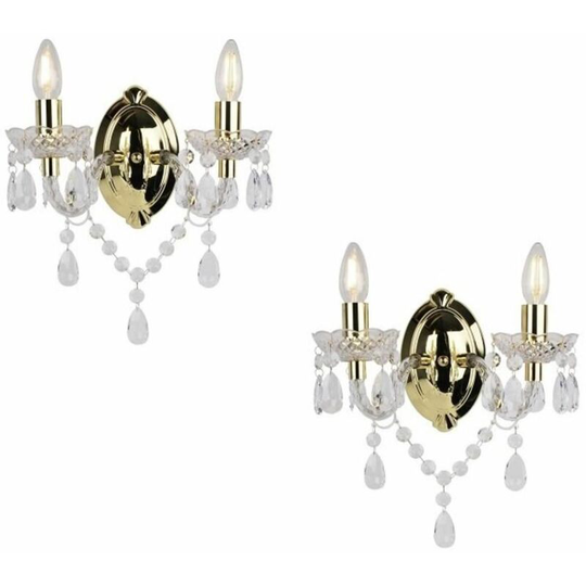 First Choice Lighting - Set of 2 - Marie Therese 2 Lights Clear & Gold Wall Bracket Chandelier Lights - Clear acrylic with polished gold plate detail