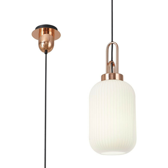 Luminosa Lighting - Luminosa 1 Light Pendant E27 With 20cm Tubular Ribbed Glass, Opal Copper, Matt Black