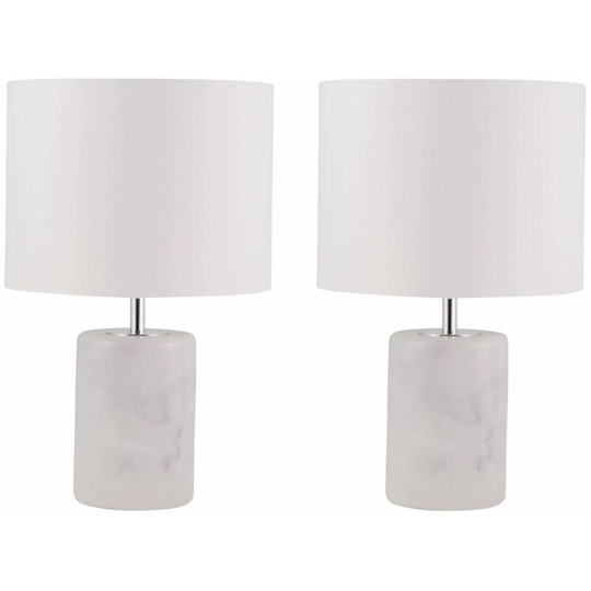 First Choice Lighting - Pair of Cylinder White Marble Table Lamps with White Fabric Shades - Gloss white marble with grey flecks with polished chrome