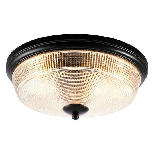 Luminosa Watson 2 Light E27 Flush Ceiling Lamp, IP44, Satin Black, Prismatic Glass