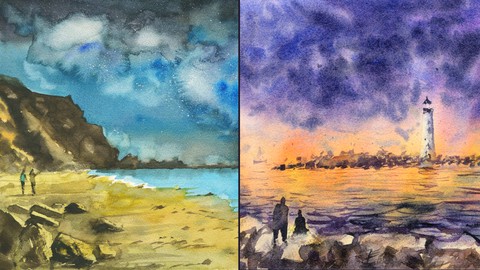 Atmospheric Night Landscapes in Watercolor