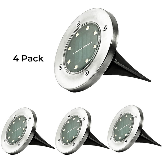 Stainless Steel led Round Ground Stake Lights 4 Pack 12cm Solar Power | Garden Path Patio Spotlight - Silver