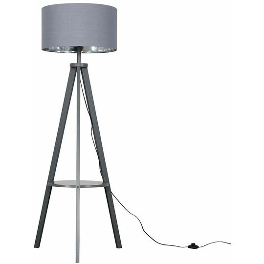 Tripod Shelf Floor Lamp in Grey with Large Drum Shade - Grey & Chrome - No Bulb