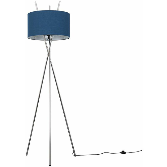 Tripod Floor Lamp Crawford Standard Light in Chrome with Cylinder Lampshade - Navy Blue + led Bulb